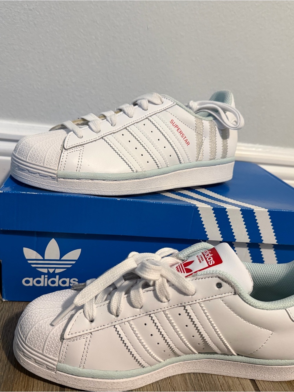 adidas Kids White Sneakers with Mint Trim